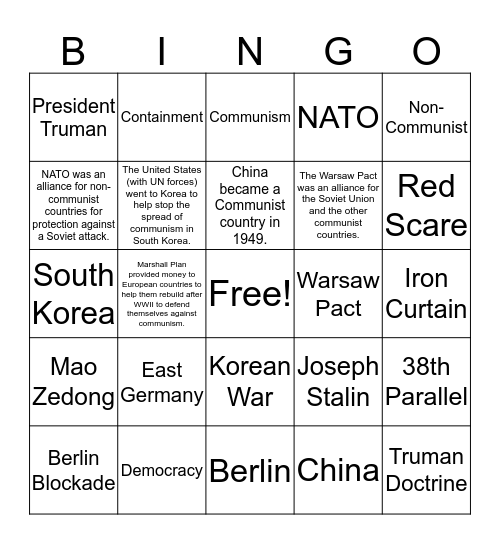 1940s-1950s Cold War Review Bingo Card