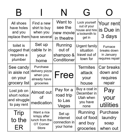 Money Budgeting Bingo Card