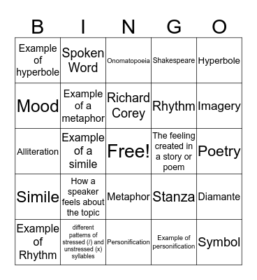 Poetry Bingo Card