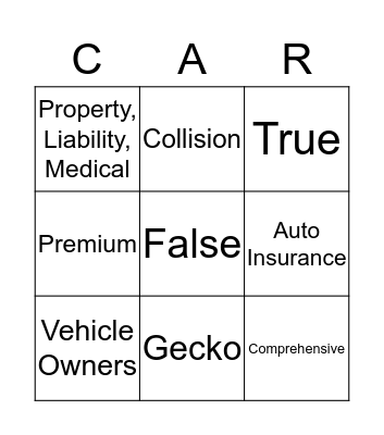 Auto Insurance Bingo Card