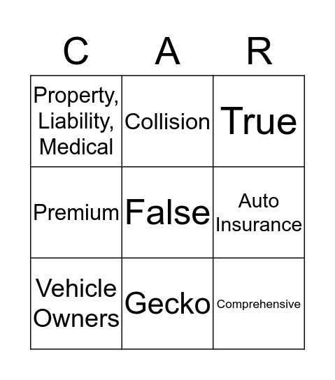 Auto Insurance Bingo Card
