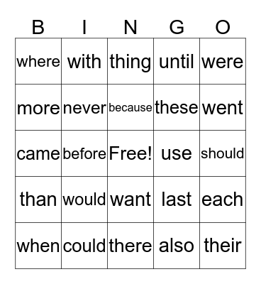 Sight Words Bingo Card