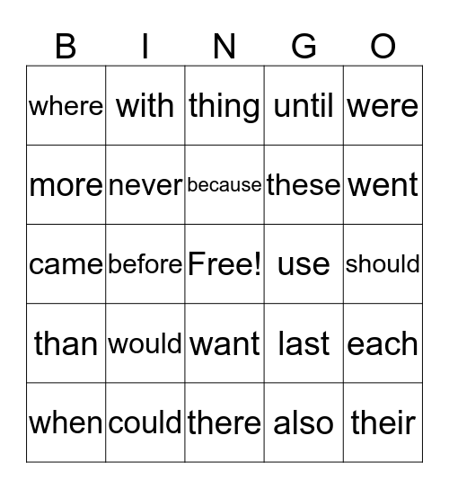 Sight Words Bingo Card