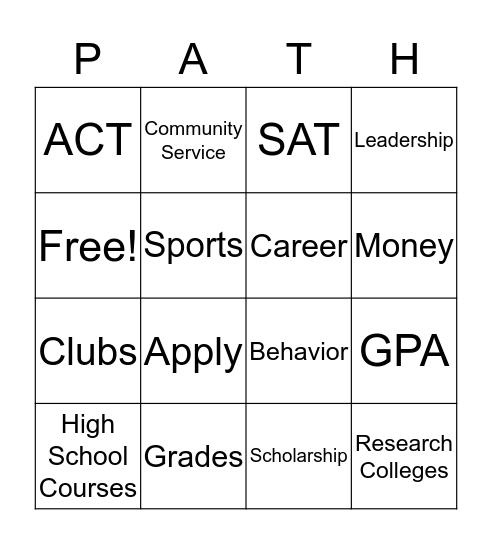 Path to College Bingo Card