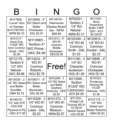 Master's Craft Sales Bingo Card