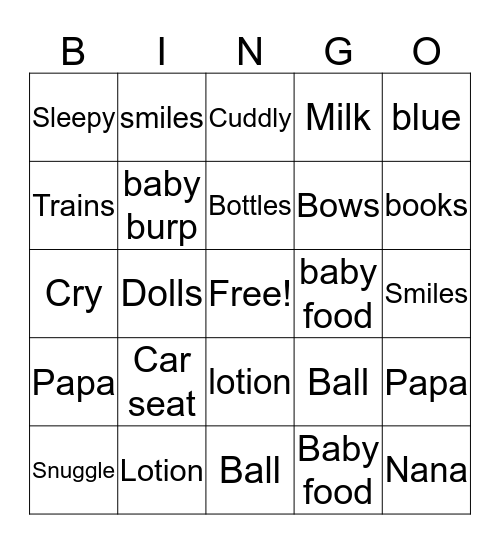 baby shower Bingo Card