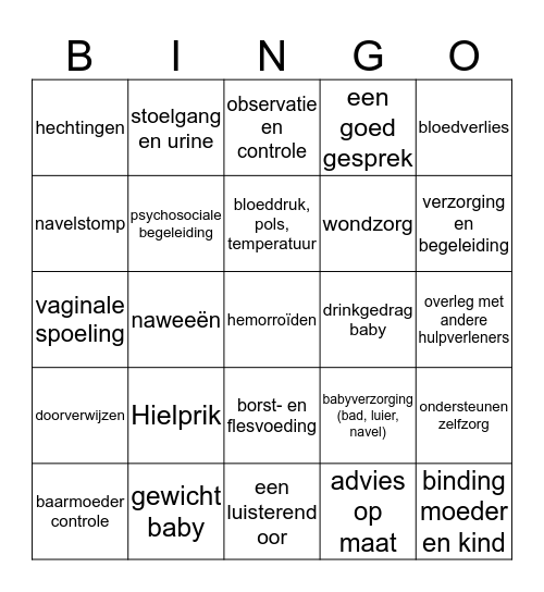 Kraamzorg Bingo Card