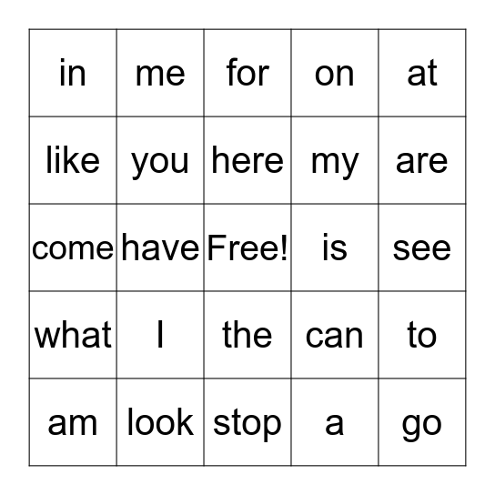 Sight Word Bingo Card