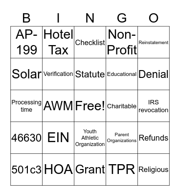 Exempt Organizations Bingo Card