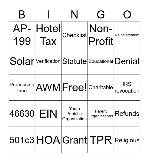 Exempt Organizations Bingo Card