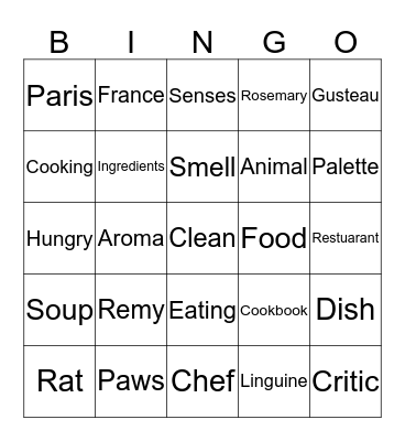 Ratatouille Movie Bingo Card