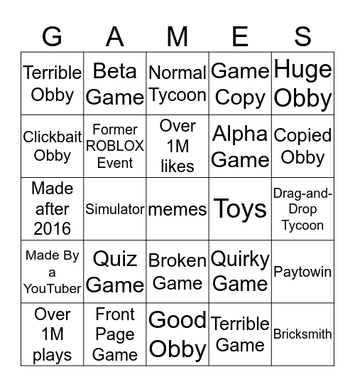 Roblox Games Bingo Card - roblox games that are in alpha