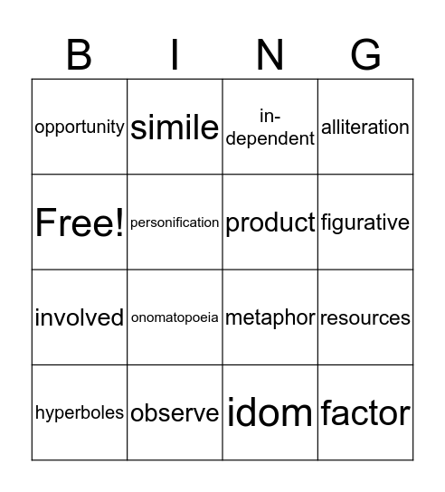 Vocabulary Bingo Card