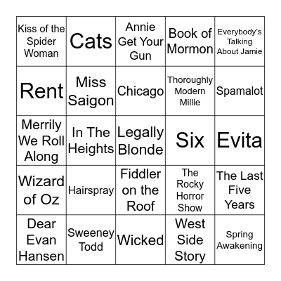 Musical Theatre Bingo Card