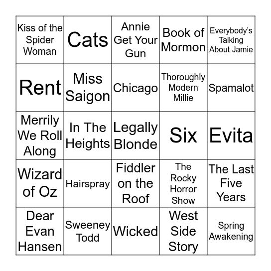 Musical Theatre Bingo Card
