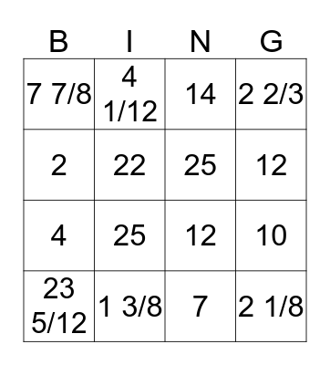 Fraction Operations Bingo Card