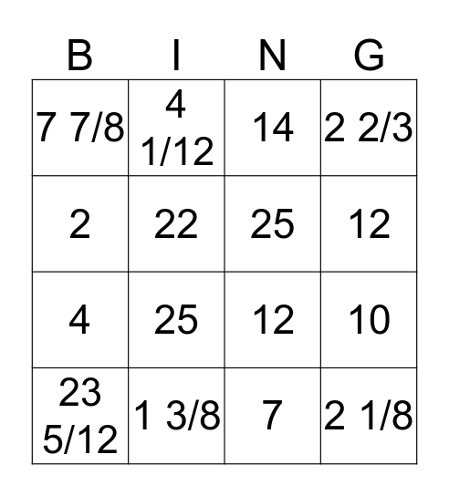 Fraction Operations Bingo Card