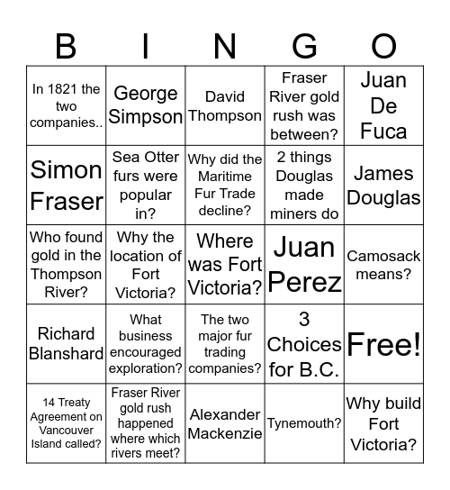 Colonization of B.C. Bingo Card