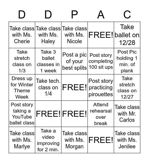 Winter Break BINGO Challenge Bingo Card