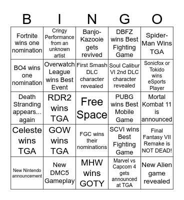 The Game Awards 2018 BINGO Card