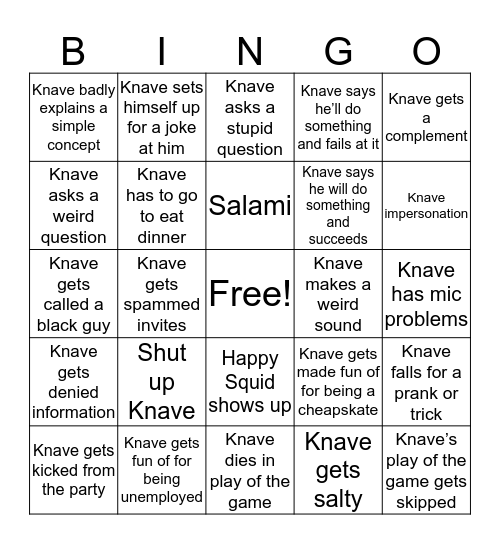 Knave Bingo Card