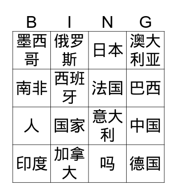 G5-U2L4-Countries Bingo Card