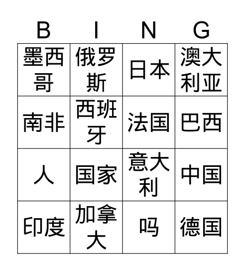 G5-U2L4-Countries Bingo Card
