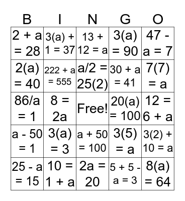 Algebra Bingo (Solve for 'a') Bingo Card