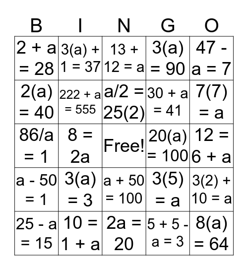 Algebra Bingo (Solve for 'a') Bingo Card