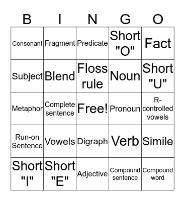 English Bingo Card