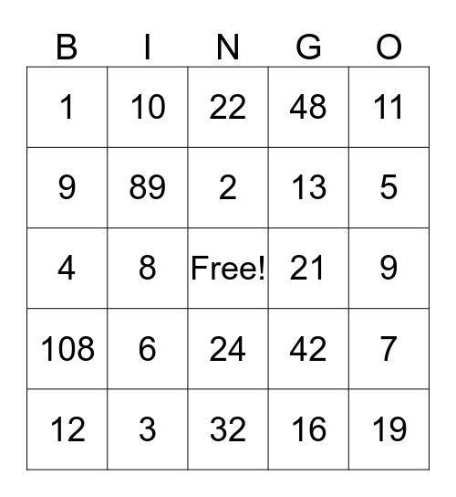 ALGEBRA Bingo Card