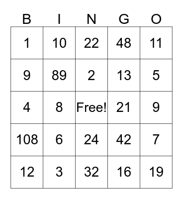 ALGEBRA Bingo Card