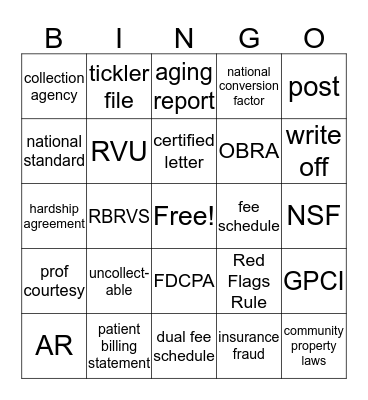 Billing, Collections, Receiving 20 Bingo Card