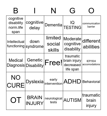 COGNITIVE DISABILITY Bingo Card