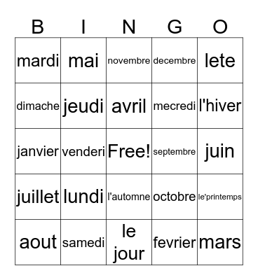 Sesons, Months, and days of the week in French Bingo Card