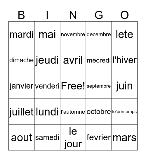 Sesons, Months, and days of the week in French Bingo Card