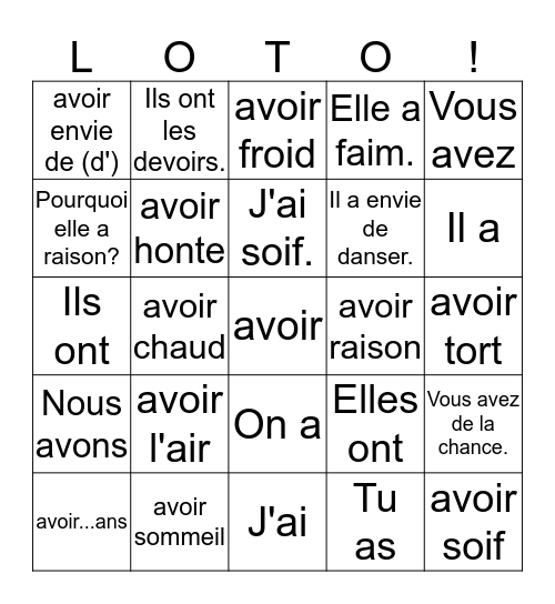 Bridgman: Avoir & Avoir Expressions Bingo Card