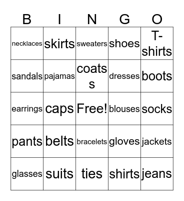 Clothing 'S' Sounds Bingo Card