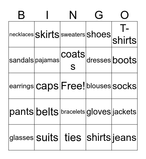 Clothing 'S' Sounds Bingo Card