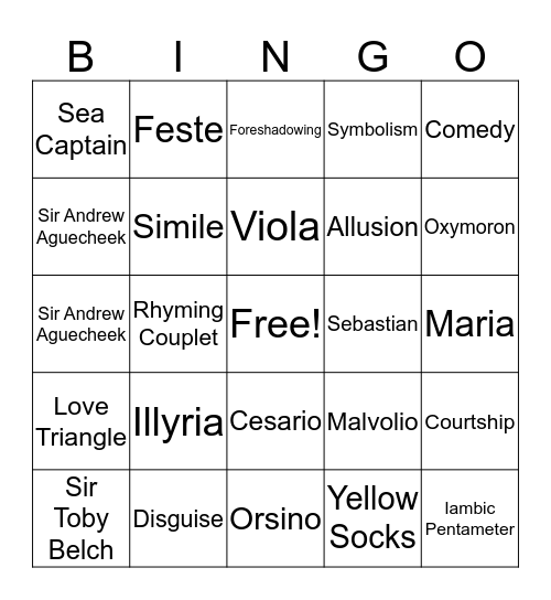 Twelfth Night BINGO Card