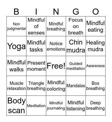 Mindfulness Bingo Card