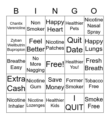 Tobacco Free Bingo Card