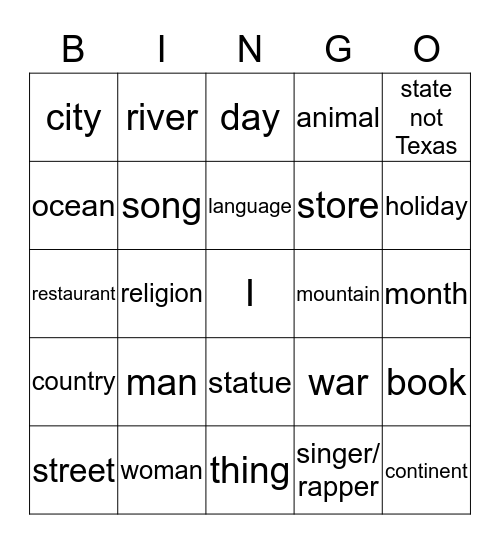 Capitalization-Names of... Bingo Card