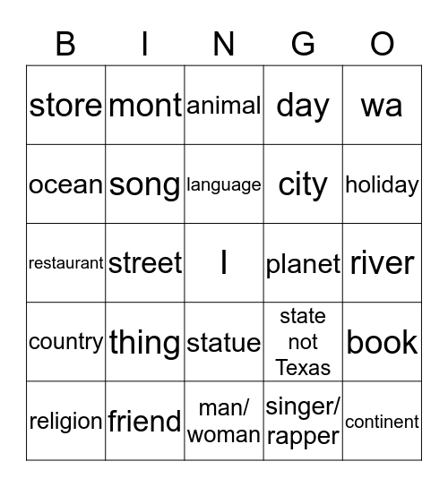 Capitalization-Names of... Bingo Card