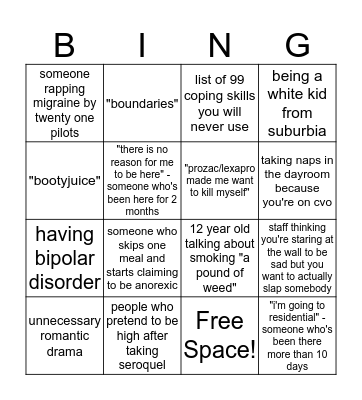 PrairieCare Inpatient Stay Bingo Card