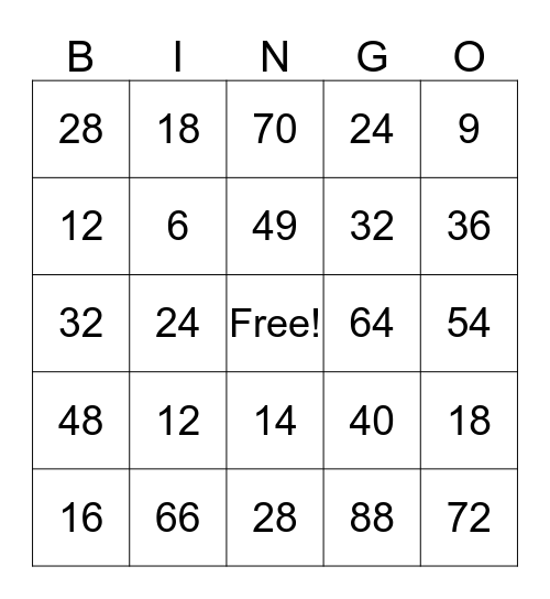 Multiplication Bingo Card