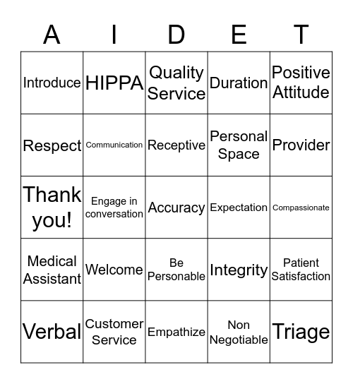 AIDET BINGO Card