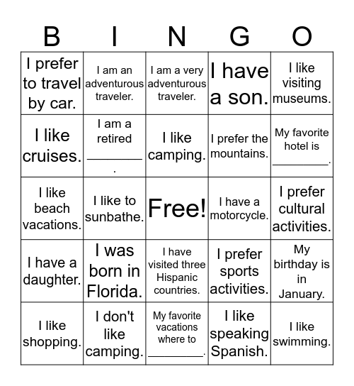 Bingo de los Viajes Bingo Card