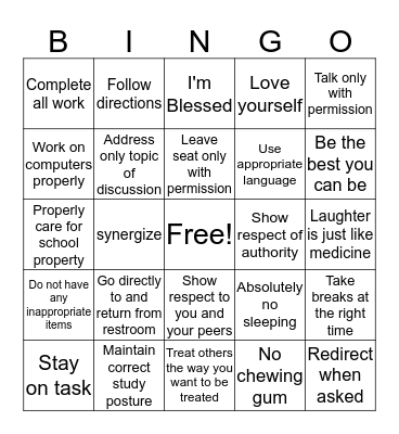 Classroom Rules Bingo Card