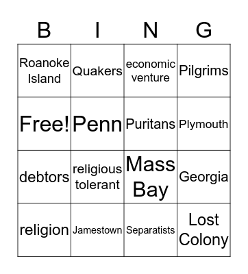 Early English Settlements Bingo Card